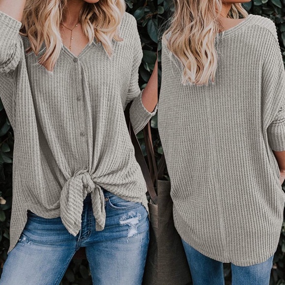 THINK VINTAGE ONLINE Tops - ✨THE WAFFLE KNIT KNOT HENLEY TOP IN GRAY NWT*✨